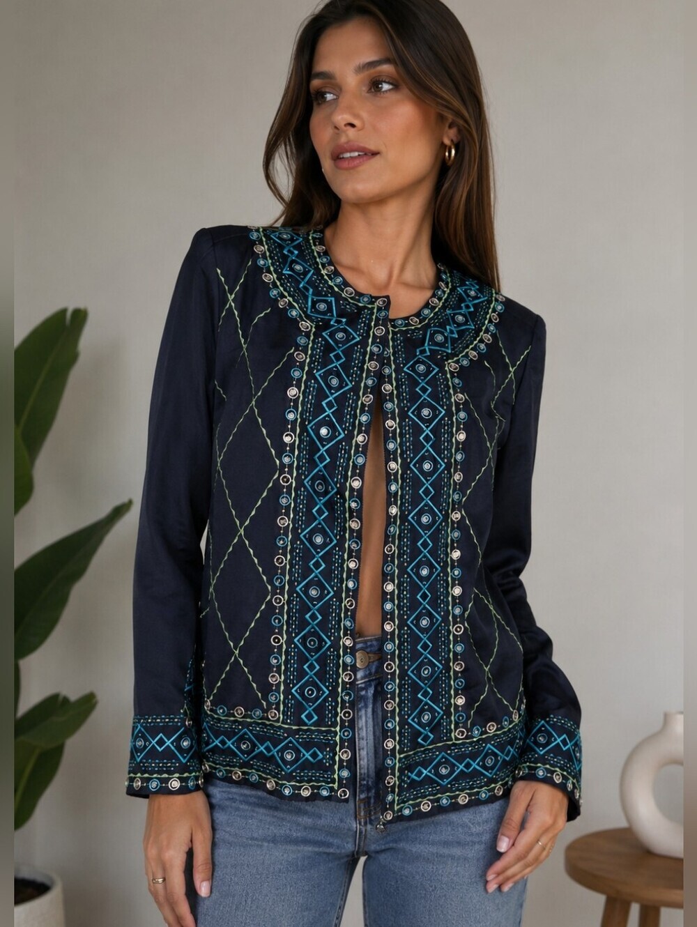 Vintage DG² by Diane Gilman 100% Silk Embellished Zip Front Blazer Jacket.Size L